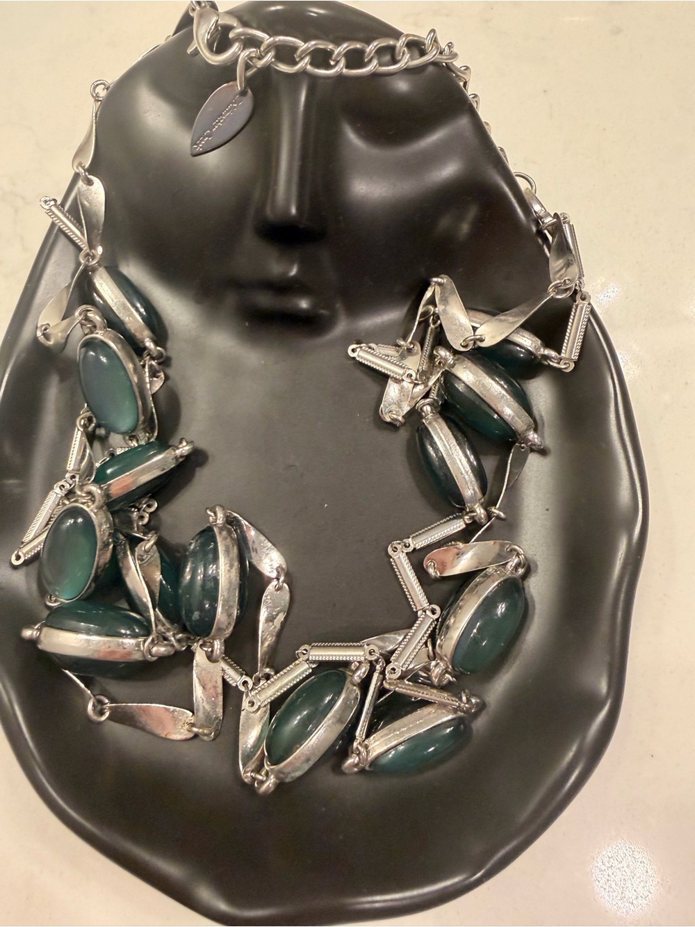 Vintage Collections Etc Long Green Cabochon Statement Necklace Silver Tone